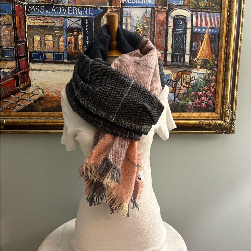 Madewell Navy and Pink Brushed Plaid Blanket Scarf